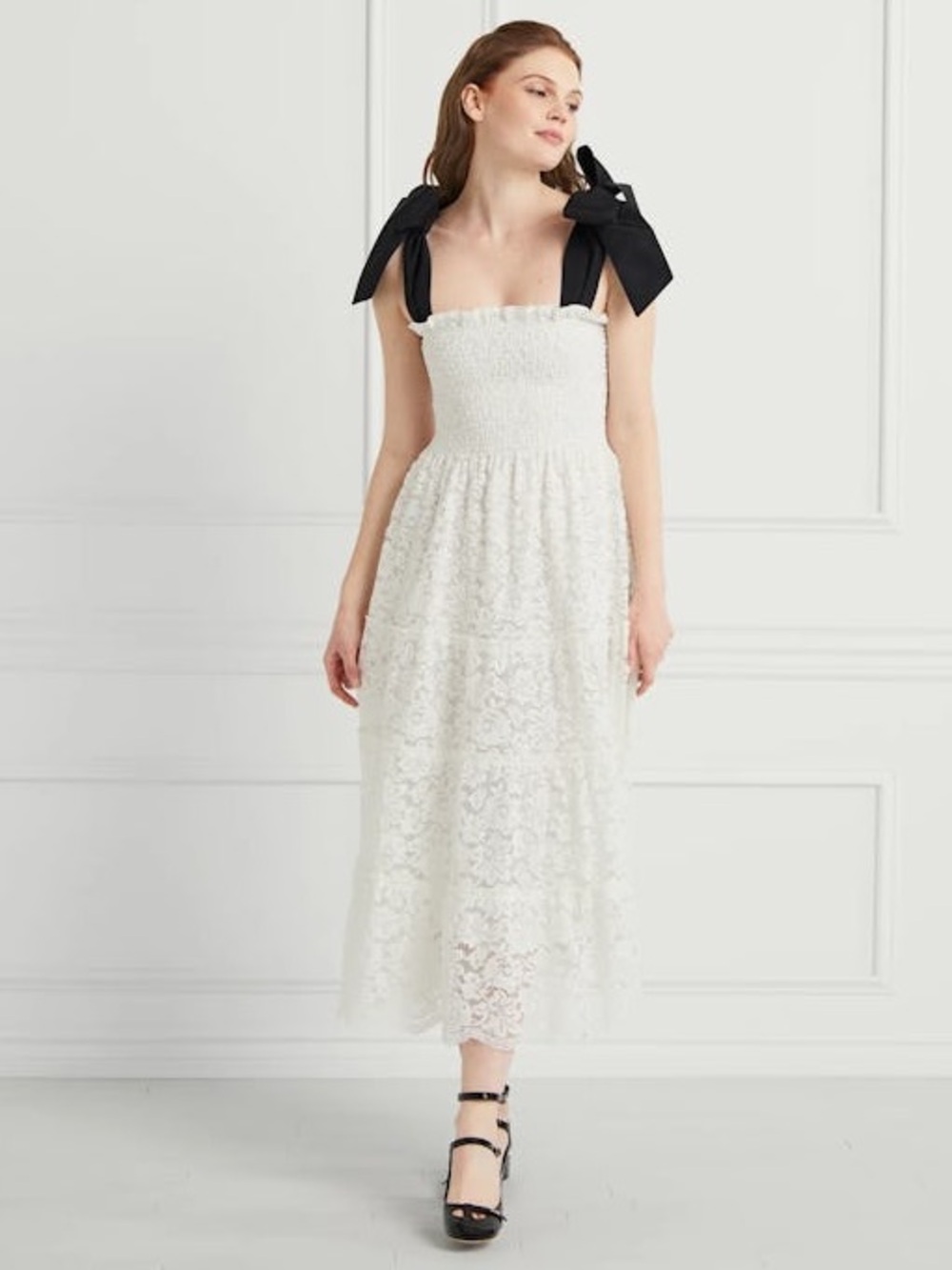 NWT Hill House The Lace Ribbon Ellie Nap Dress in White Lace with Black Ribbon